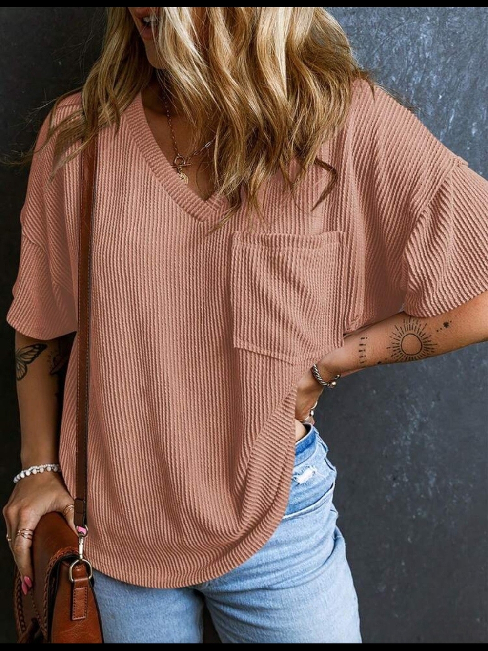 Ribbed Knit V-Neck Oversized Tee Womens Drop Shoulder Pocket Tunic Top Sz Small